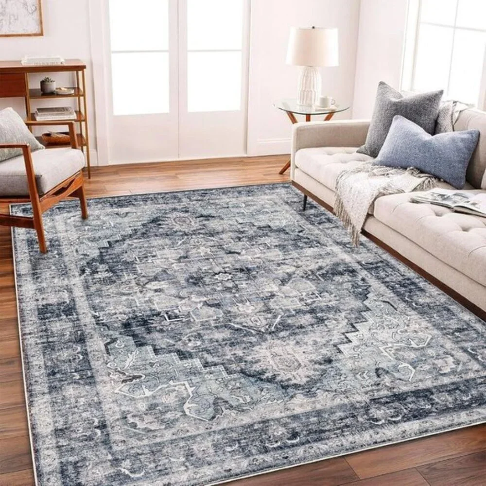 New 6x9 Dark Blue Vintage Rug, Washable Non-Slip Carpet for Home or Room Decor